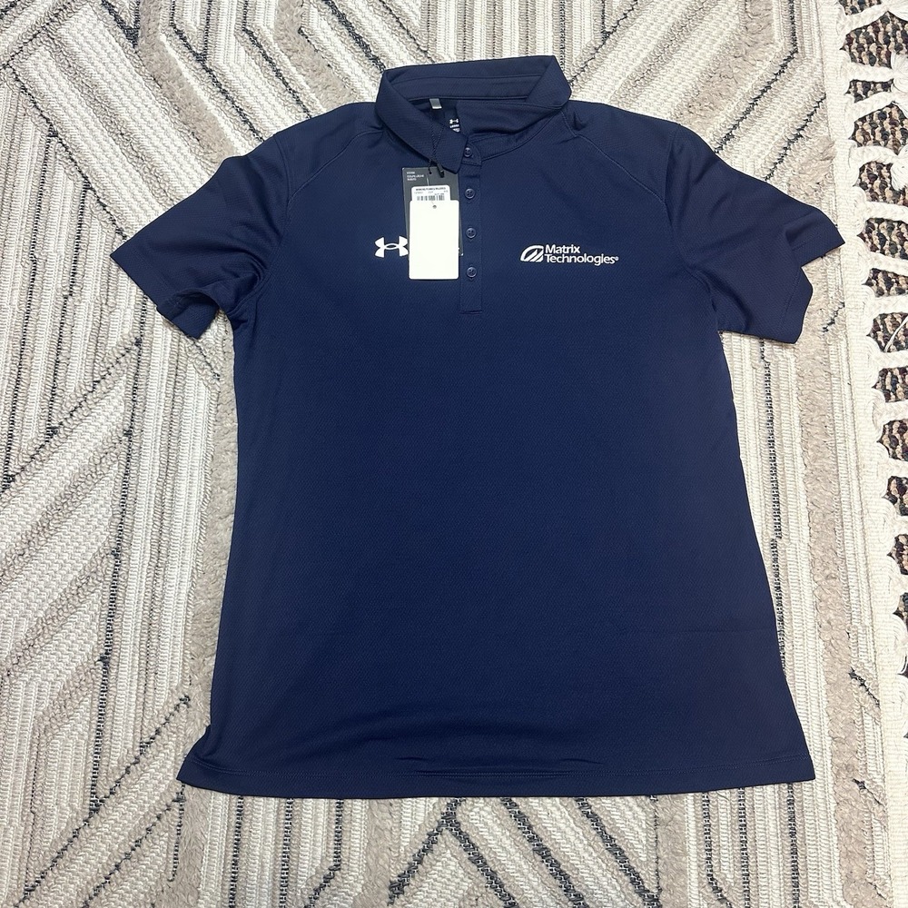 NWT Under Armour Tech Woman's Polo Navy Blue Logo Sz S Golf Career Short‎ Sleeve